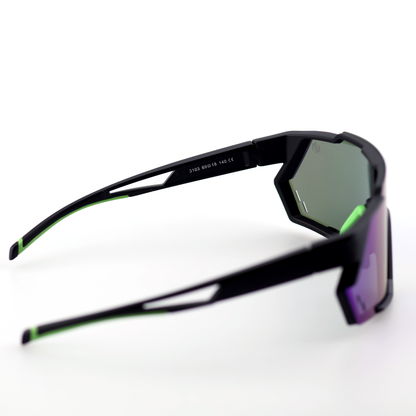 Swift polarized shield sports sunglasses front view in black purple with green-blue mirror lenses