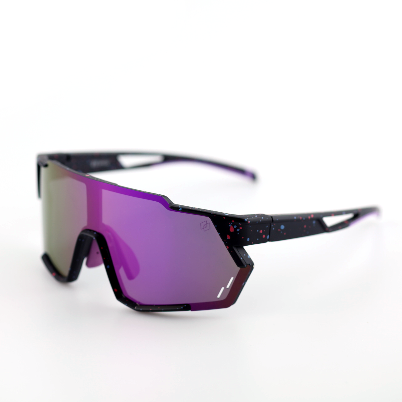 Swift polymer sports sunglasses angled view with purple mirrored lenses