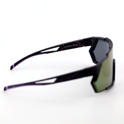 Swift polymer sports sunglasses angled view with purple mirrored lenses