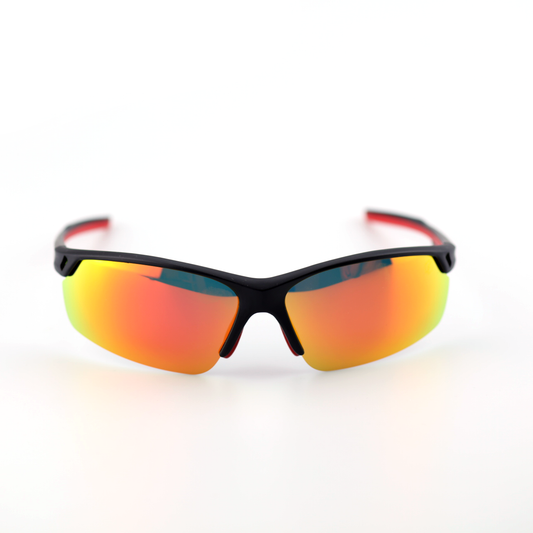 Pace polarized sports sunglasses front view in black red with rainbow mirror lenses