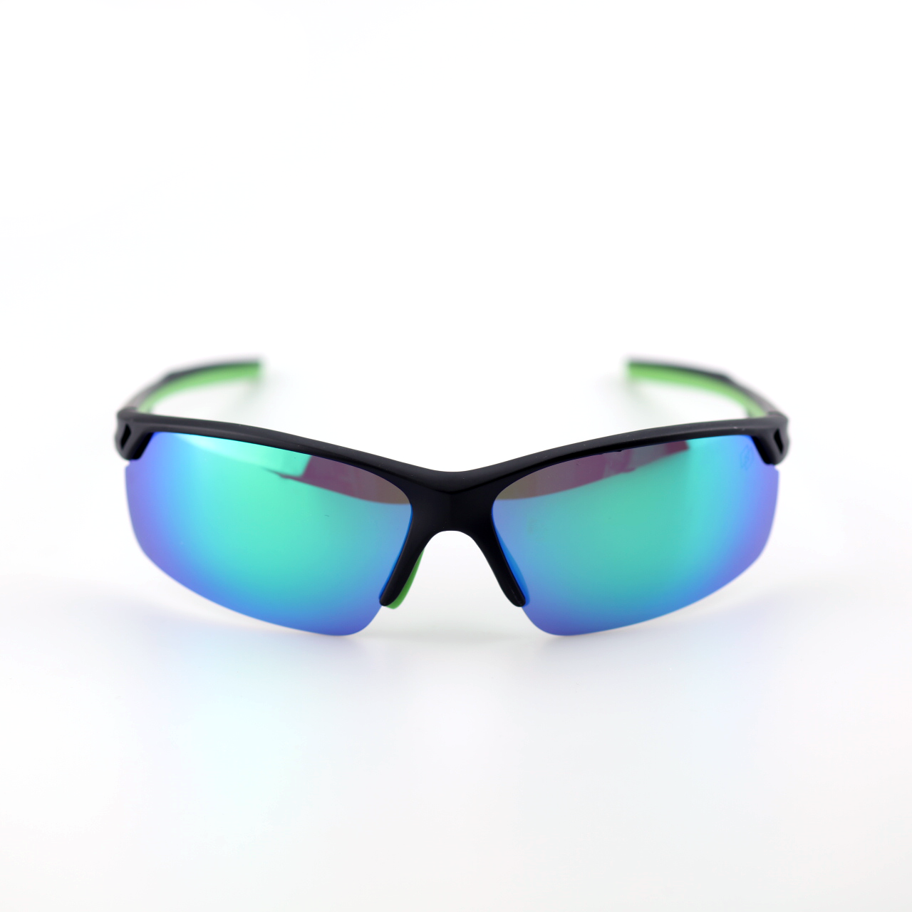 Pace polarized sports sunglasses front view in black green with blue mirror lenses