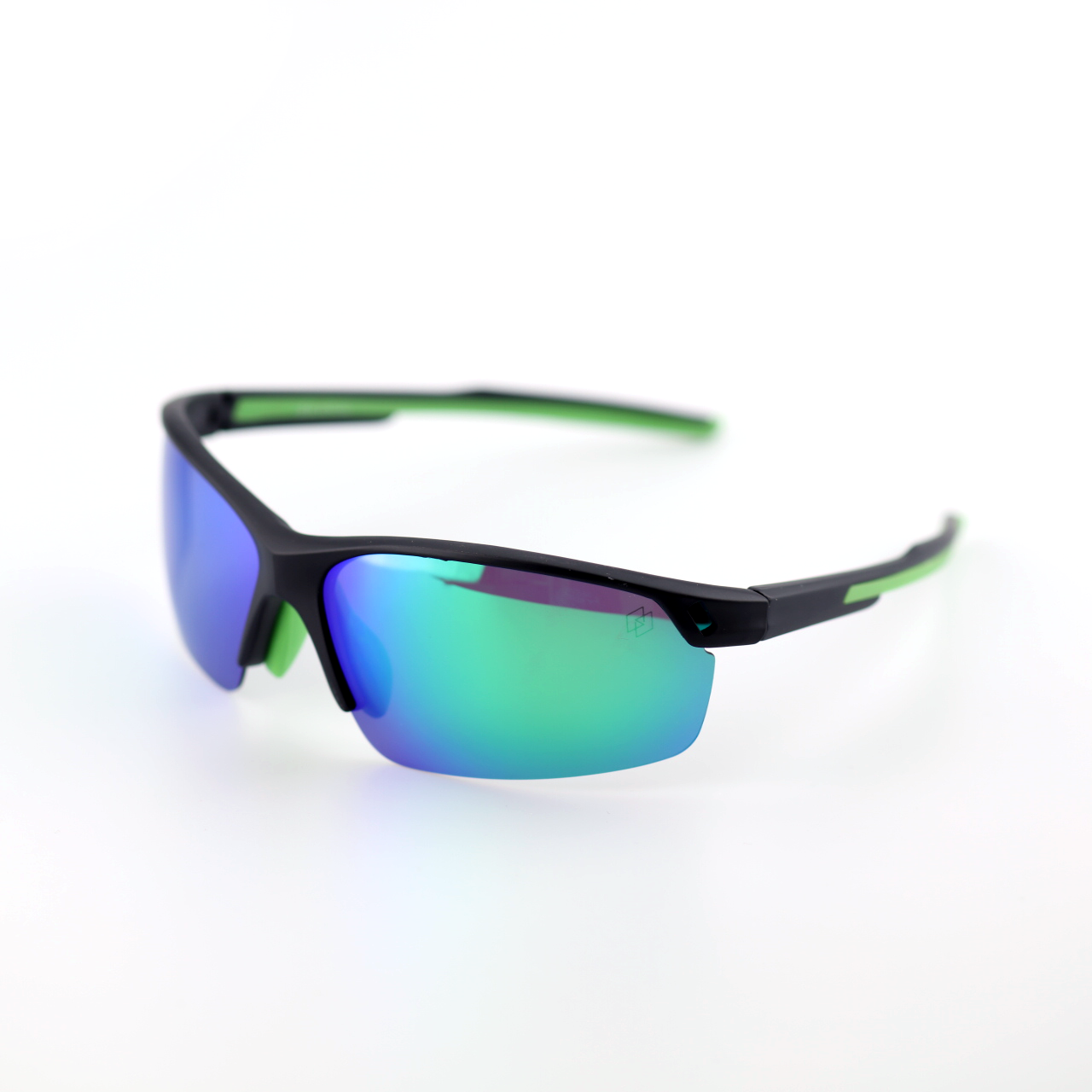 Pace black and green polymer sports sunglasses angled view with blue-green mirror lenses