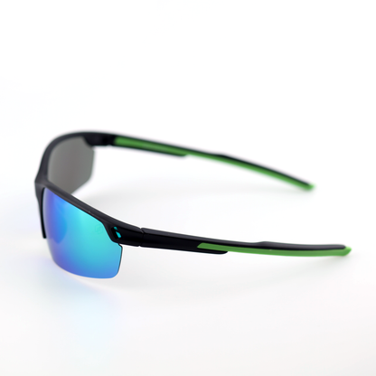 Pace black and green polymer sports sunglasses angled view with blue-green mirror lenses