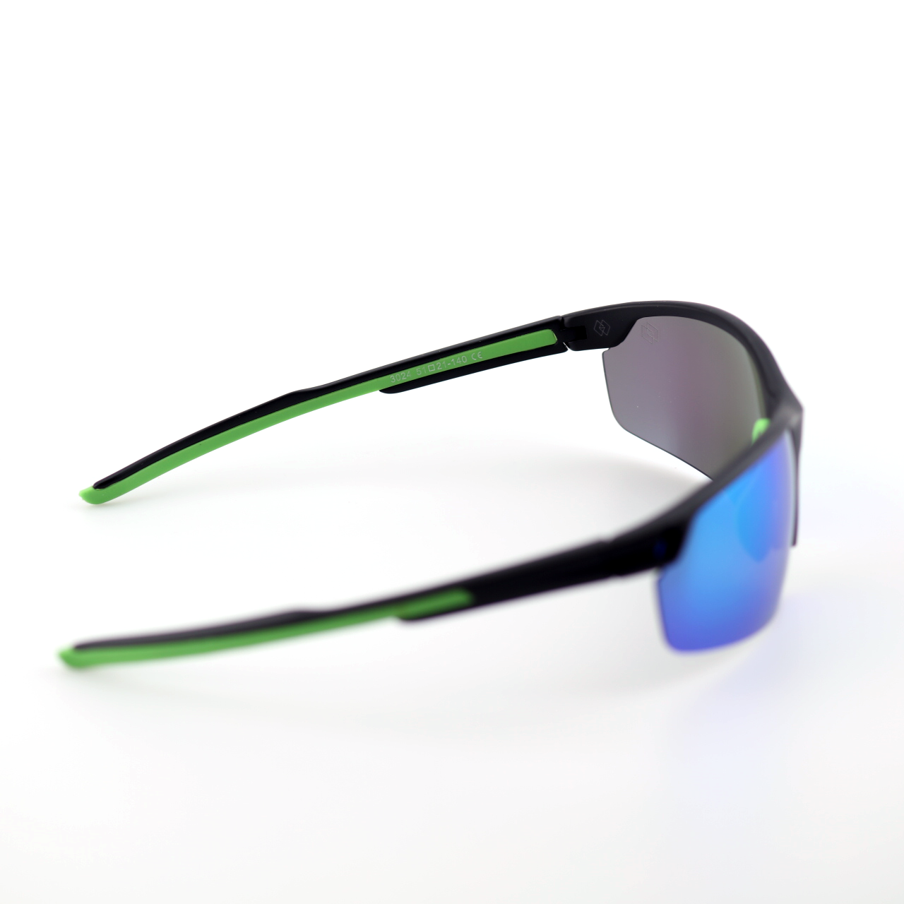 Pace black and green polymer sports sunglasses angled view with blue-green mirror lenses