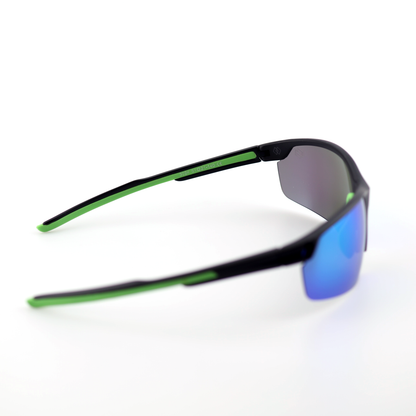 Pace black and green polymer sports sunglasses angled view with blue-green mirror lenses