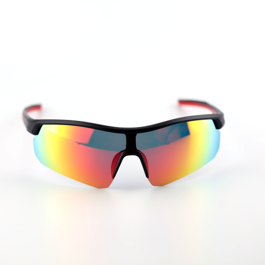 Motion polarized TR90 sports sunglasses front view in black red with rainbow mirror lenses