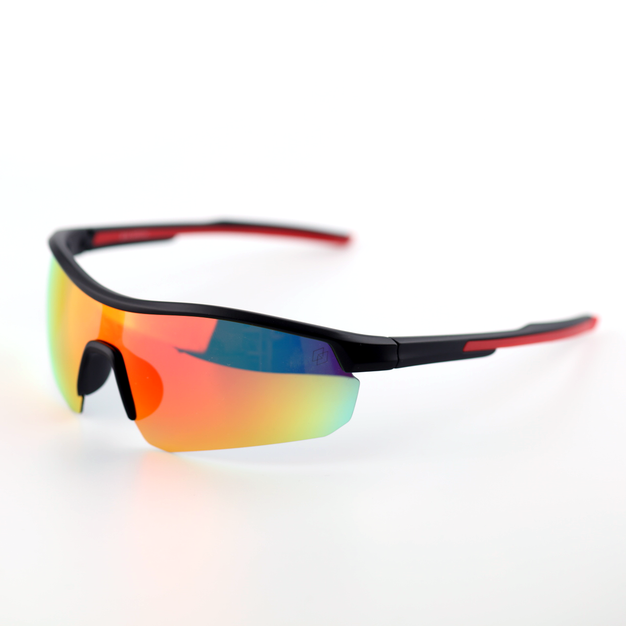 Motion black and red TR90 sports sunglasses angled side view with polarized lenses