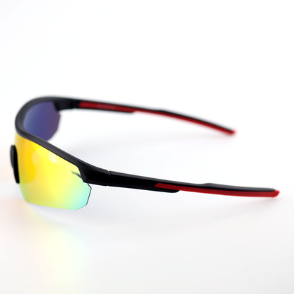 Motion black and red TR90 sports sunglasses angled side view with polarized lenses