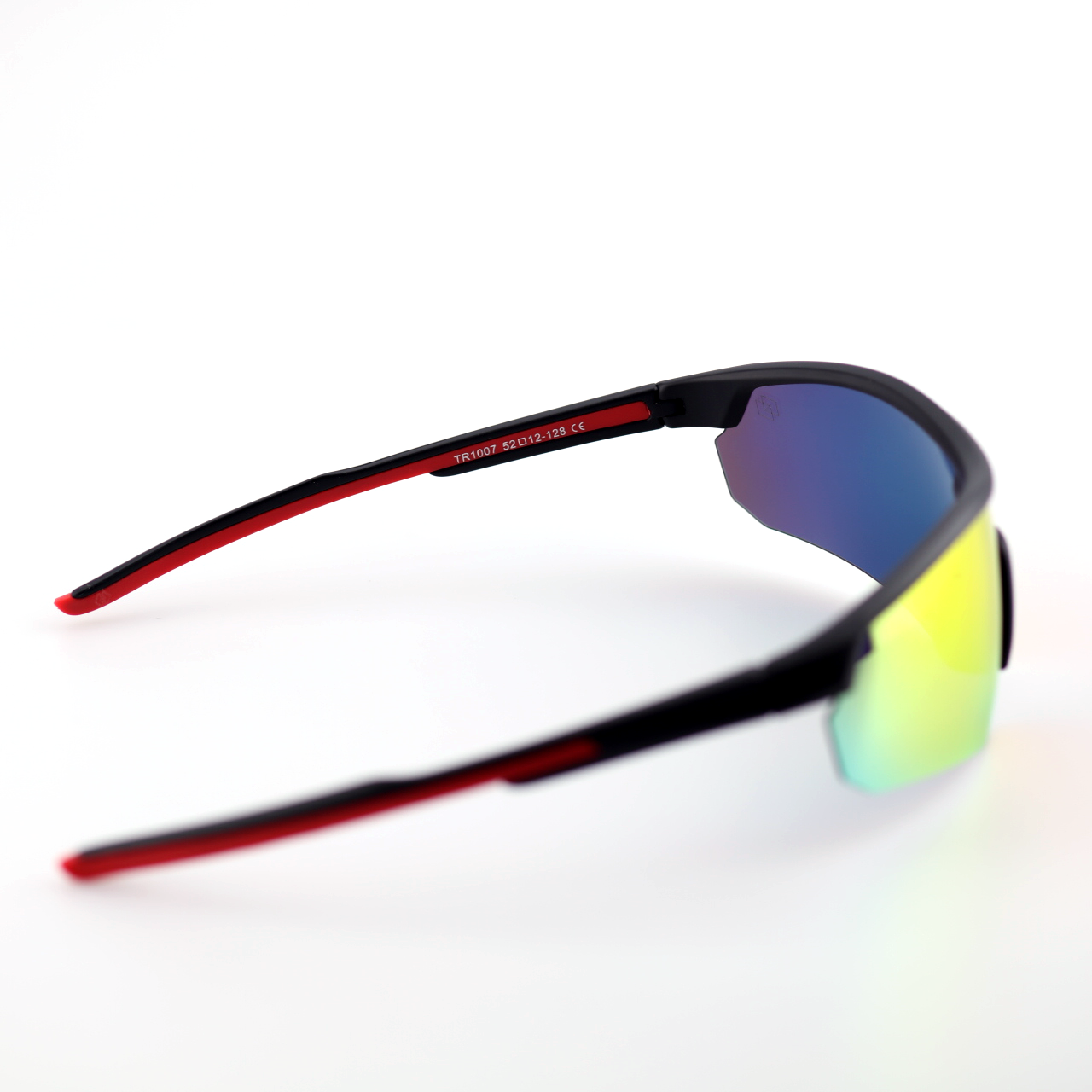 Motion black and red TR90 sports sunglasses angled side view with polarized lenses