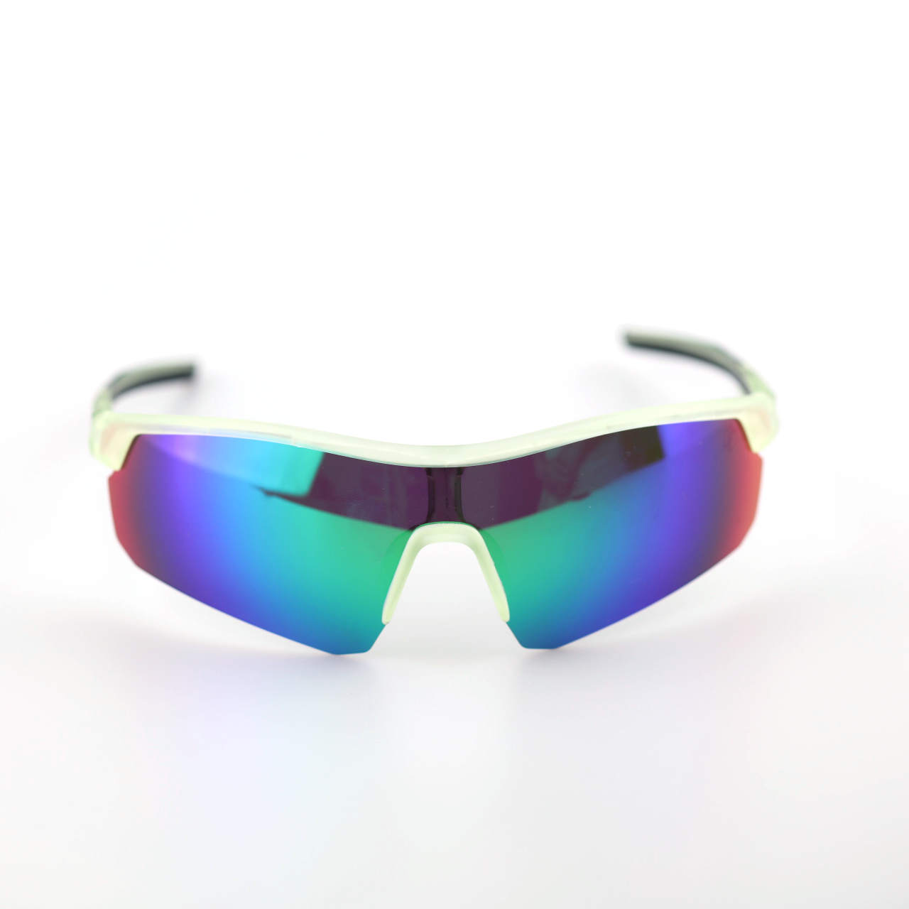 Motion polarized TR90 sports sunglasses front view in light green with blue-green mirror lenses