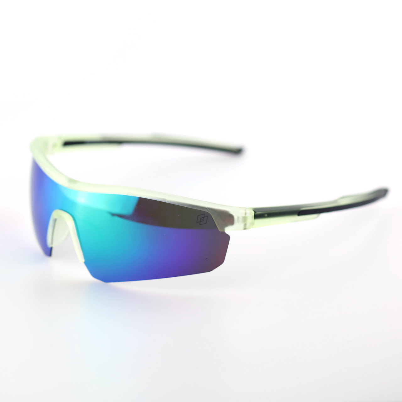 Motion light green TR90 sports sunglasses angled side view with blue mirror lenses