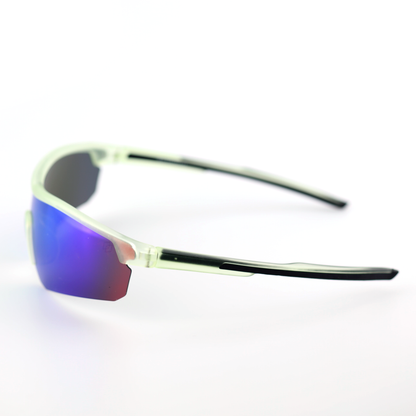 Motion light green TR90 sports sunglasses angled side view with blue mirror lenses