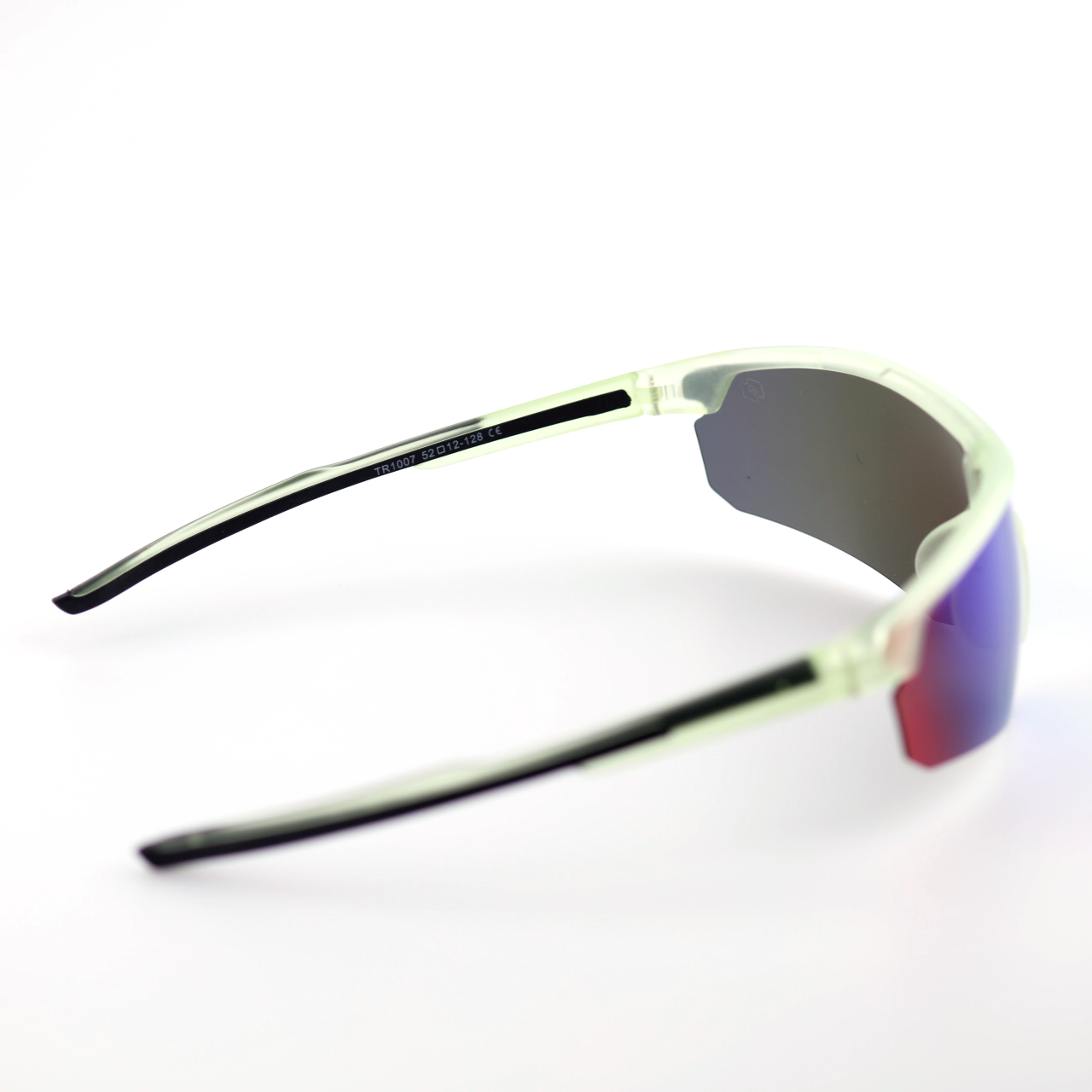 Motion light green TR90 sports sunglasses angled side view with blue mirror lenses