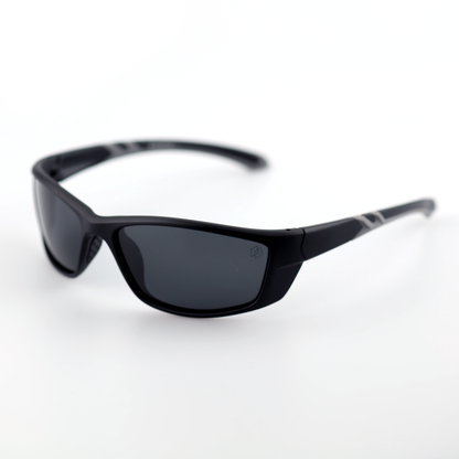 Force black polymer sports sunglasses angled side view with smoke polarized lenses