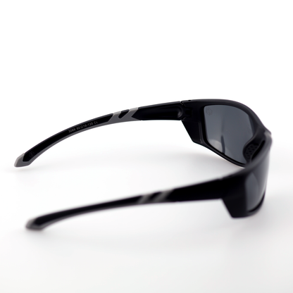 Force black polymer sports sunglasses angled side view with smoke polarized lenses