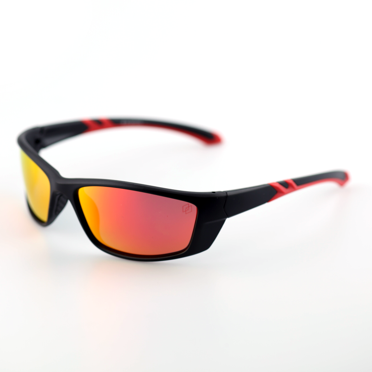 Force black and red polymer sports sunglasses angled view with red mirror polarized lenses