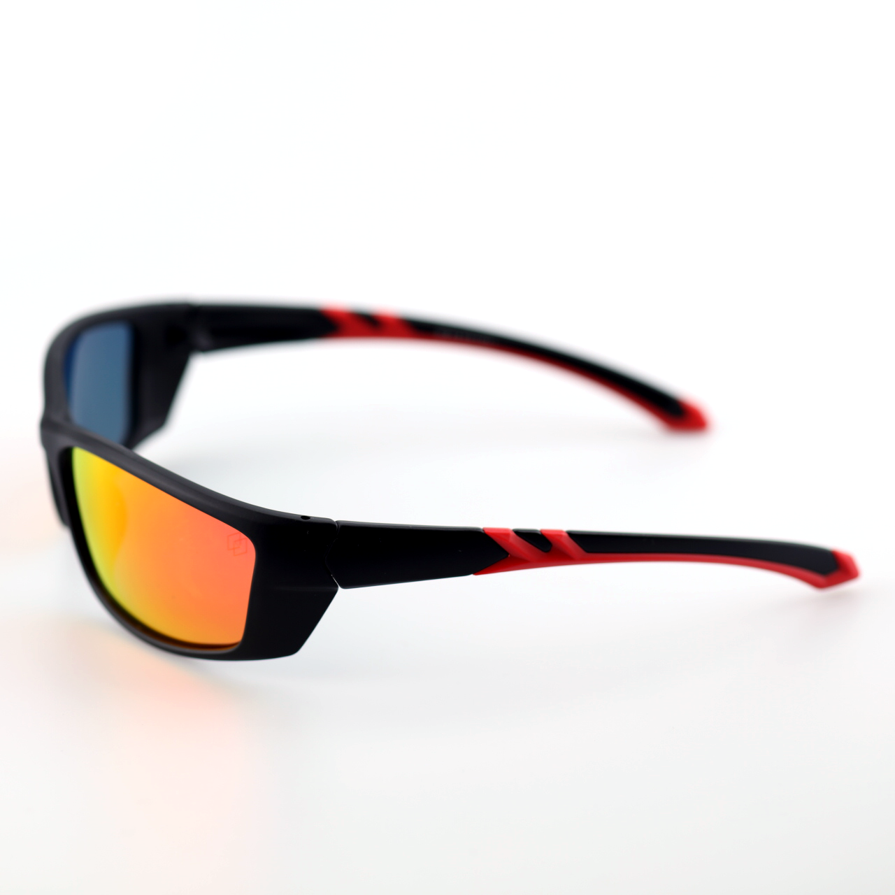 Force black and red polymer sports sunglasses angled view with red mirror polarized lenses