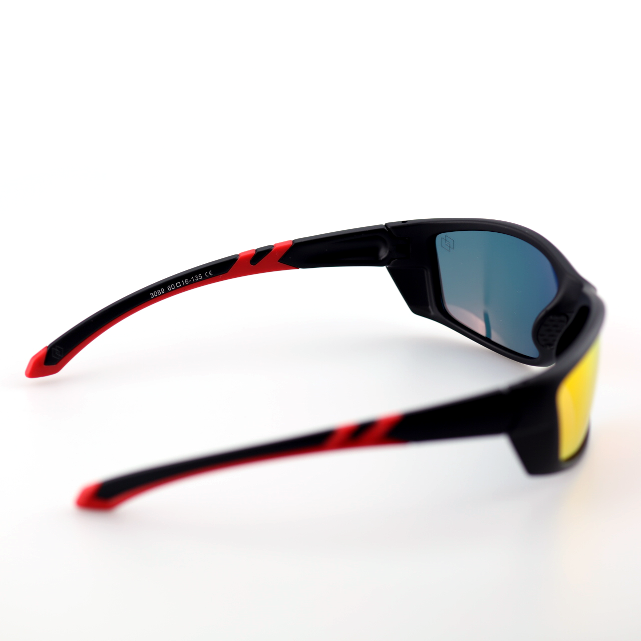 Force black and red polymer sports sunglasses angled view with red mirror polarized lenses