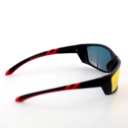 Force black and red polymer sports sunglasses angled view with red mirror polarized lenses