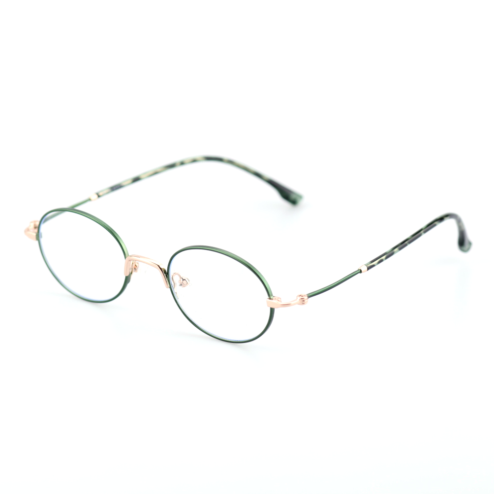 Facet titanium oval glasses worn by model