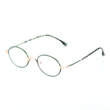 Facet titanium oval glasses worn by model