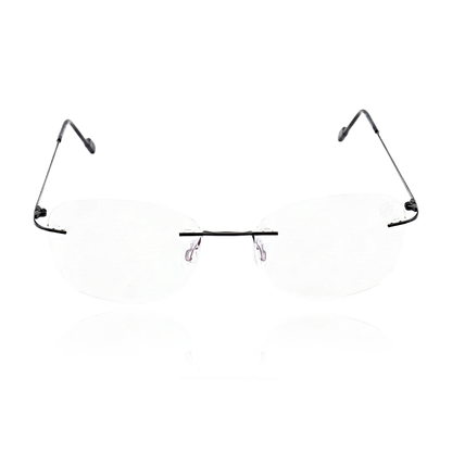 Thin black alloy rimless glasses front view