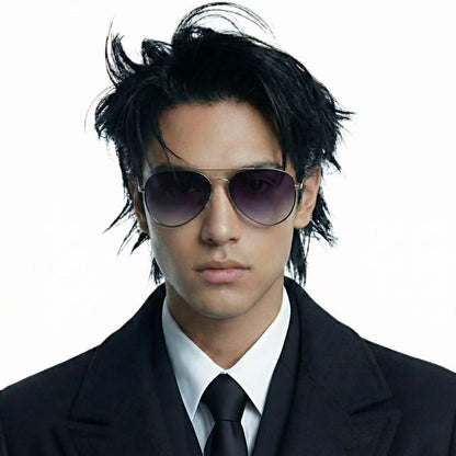 Tide silver metal aviator sunglasses worn by model