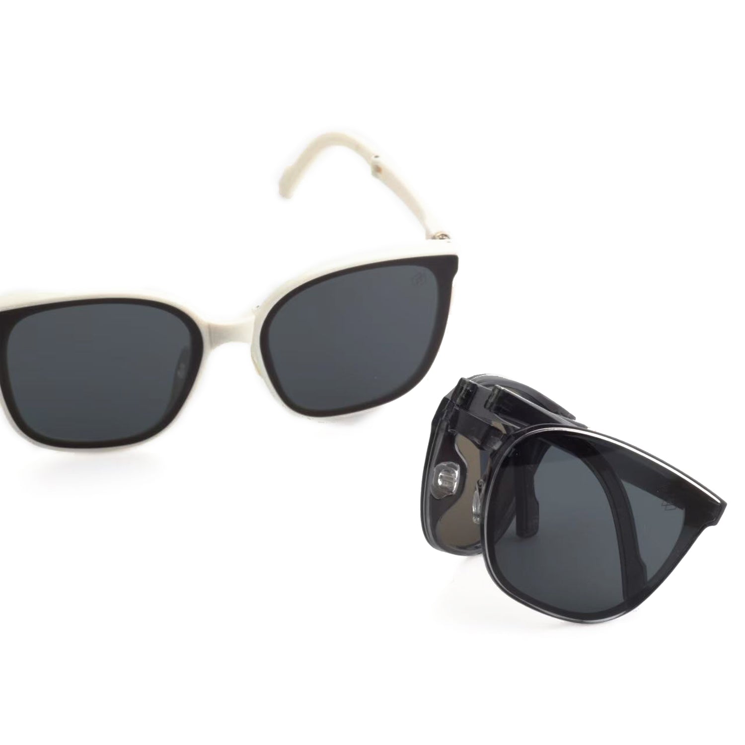 O'S OPTICAL Nomad White and Black acetate square folding sunglasses shown open and compact-folded || shared