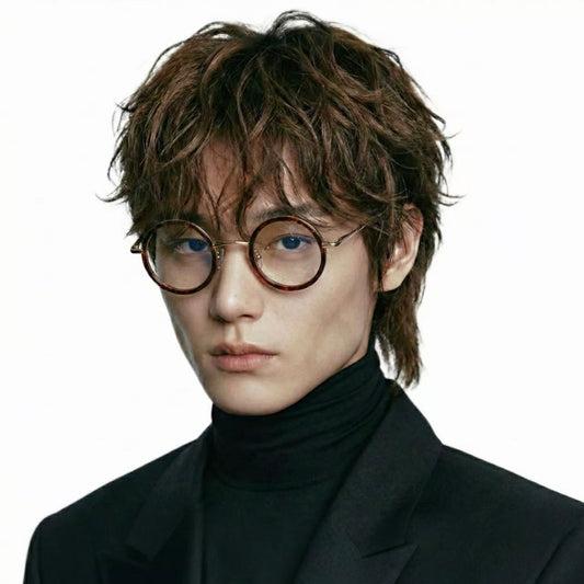 Halo round acetate metal glasses worn by model