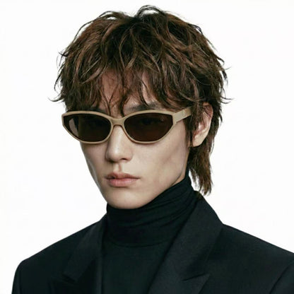 Solar bold acetate cat-eye sunglasses worn by model