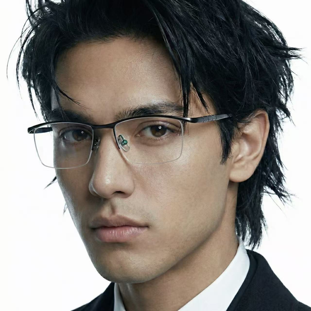 Line titanium browline glasses worn by model