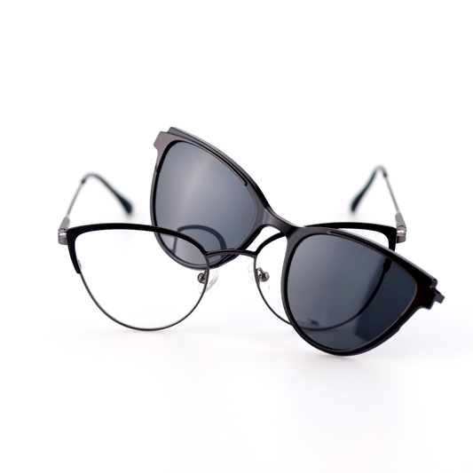Duo cat-eye magnetic clip-on prescription glasses with detachable sun shades