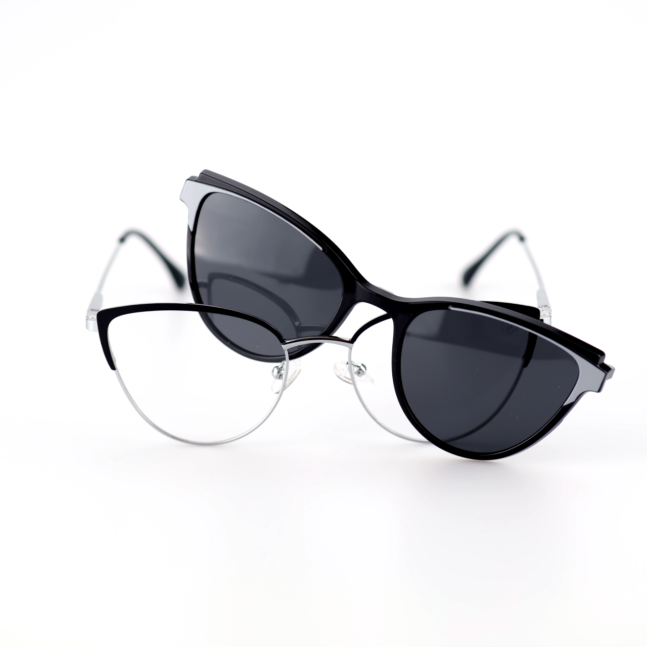 O'S OPTICAL Duo Silver alloy cat-eye magnetic clip-on glasses set, angled view