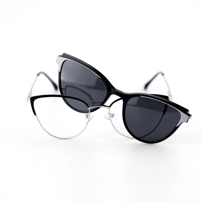 O'S OPTICAL Duo Silver alloy cat-eye magnetic clip-on glasses set, angled view