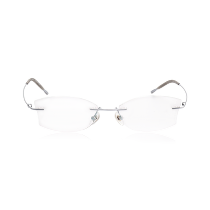 O'S OPTICAL Flow Silver lightweight titanium geometric rimless prescription glasses front view
