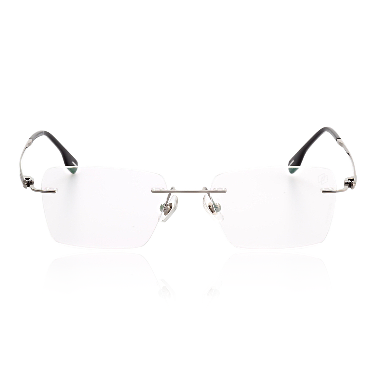Ghost silver and icy gray rimless titanium glasses angled front view