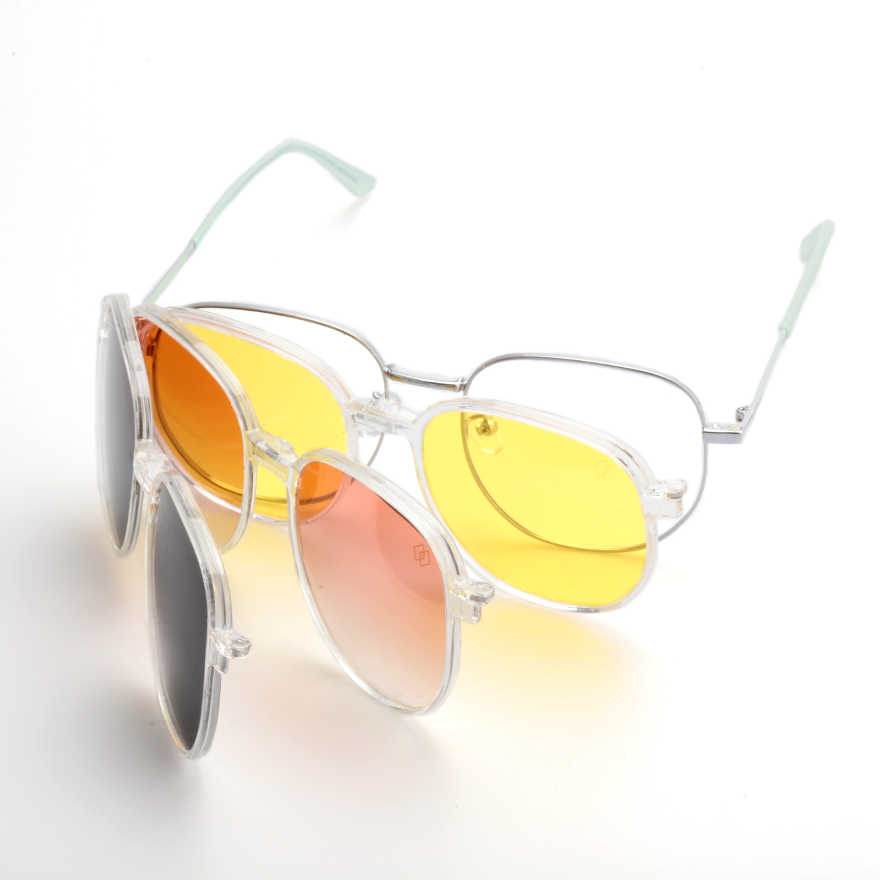 O'S OPTICAL Switch Pale Celadon metal square 3-in-1 magnetic clip-on glasses set with interchangeable sun clips, angled view || color=Pale Celadon