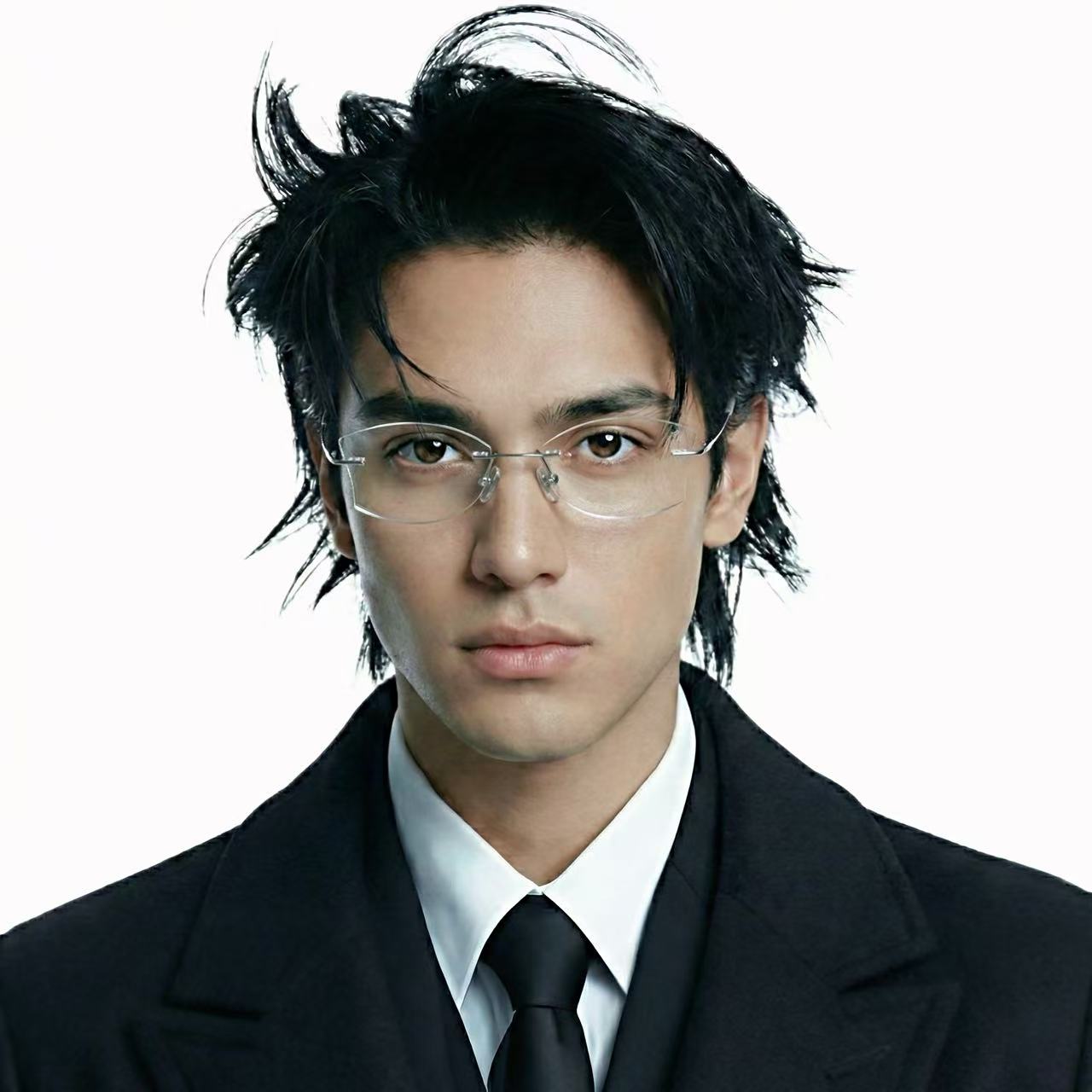 Male model wearing O'S OPTICAL Flow Silver titanium geometric rimless glasses
