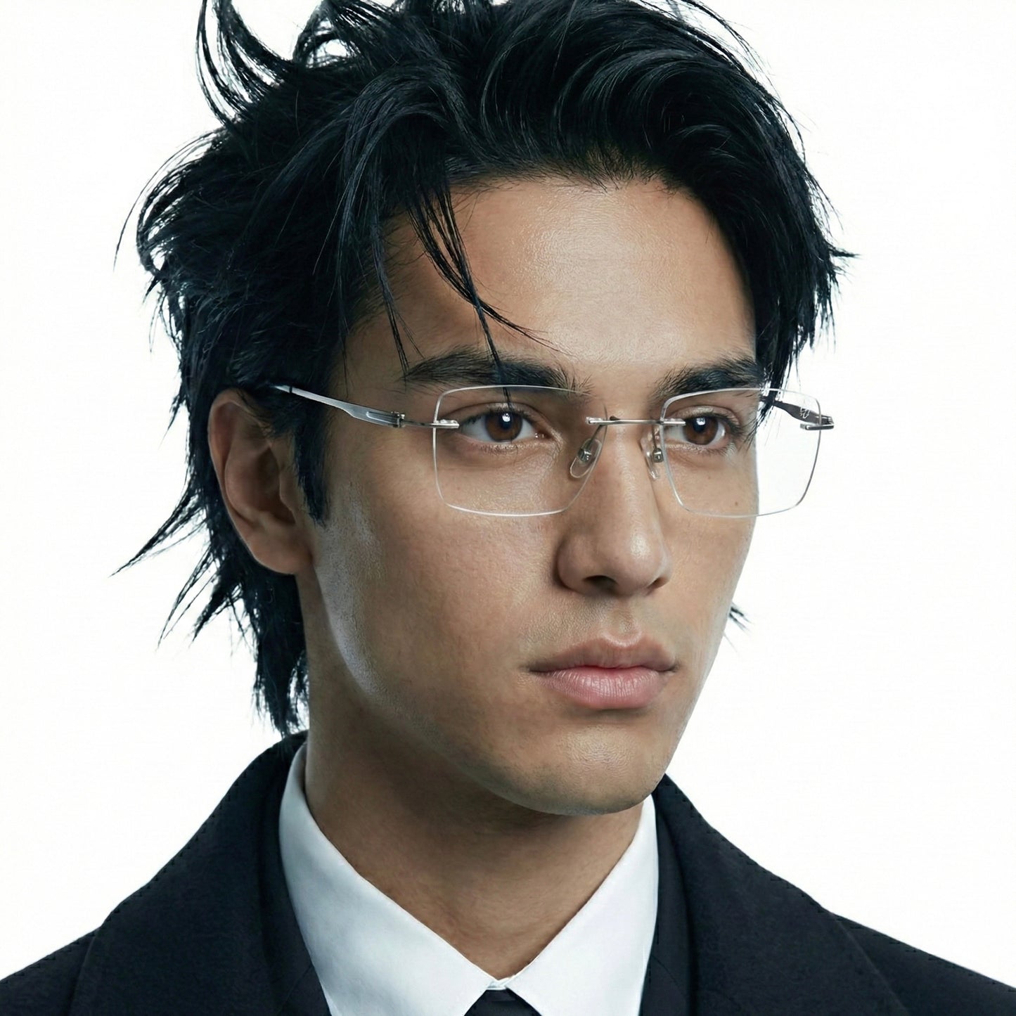 Model wearing Ghost titanium rimless rectangle glasses in silver and icy gray