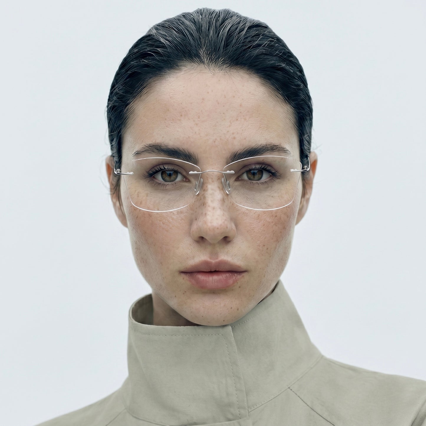 Model wearing O'S OPTICAL Stow Silver titanium rimless prescription glasses