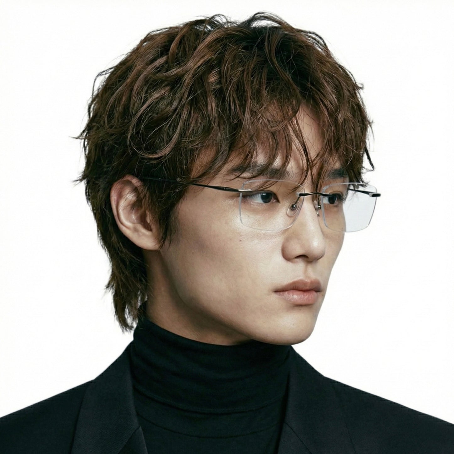 Model wearing Zero titanium rimless rectangle glasses