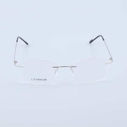 O'S OPTICAL Stow Silver lightweight titanium rimless prescription glasses front view with logo