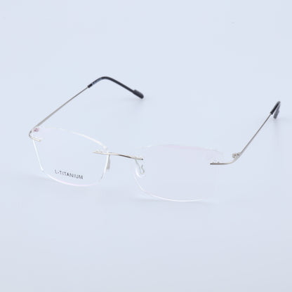 O'S OPTICAL Stow Silver titanium rimless glasses side front view with clear lenses