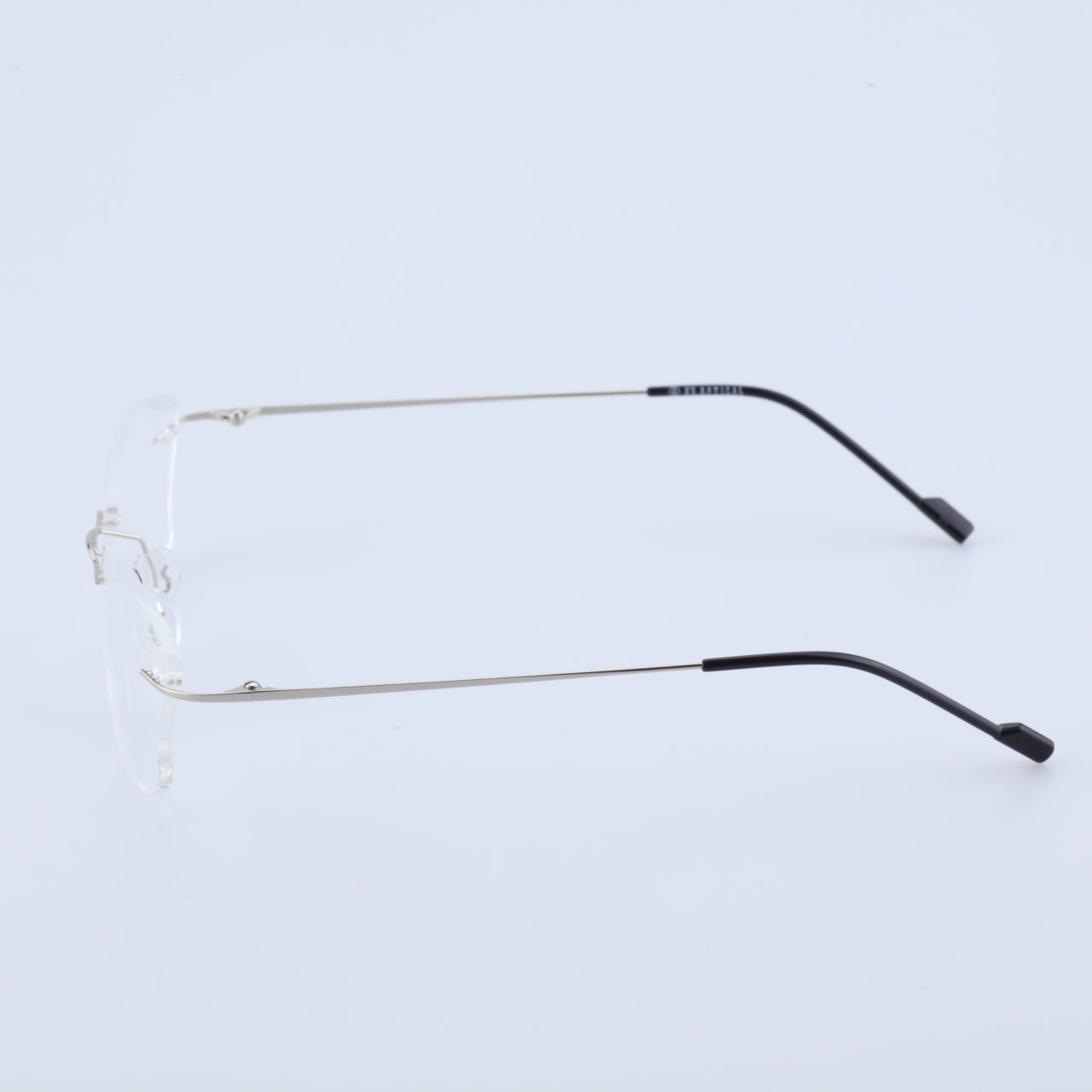 O'S OPTICAL Stow Silver titanium rimless glasses temple and side profile detail