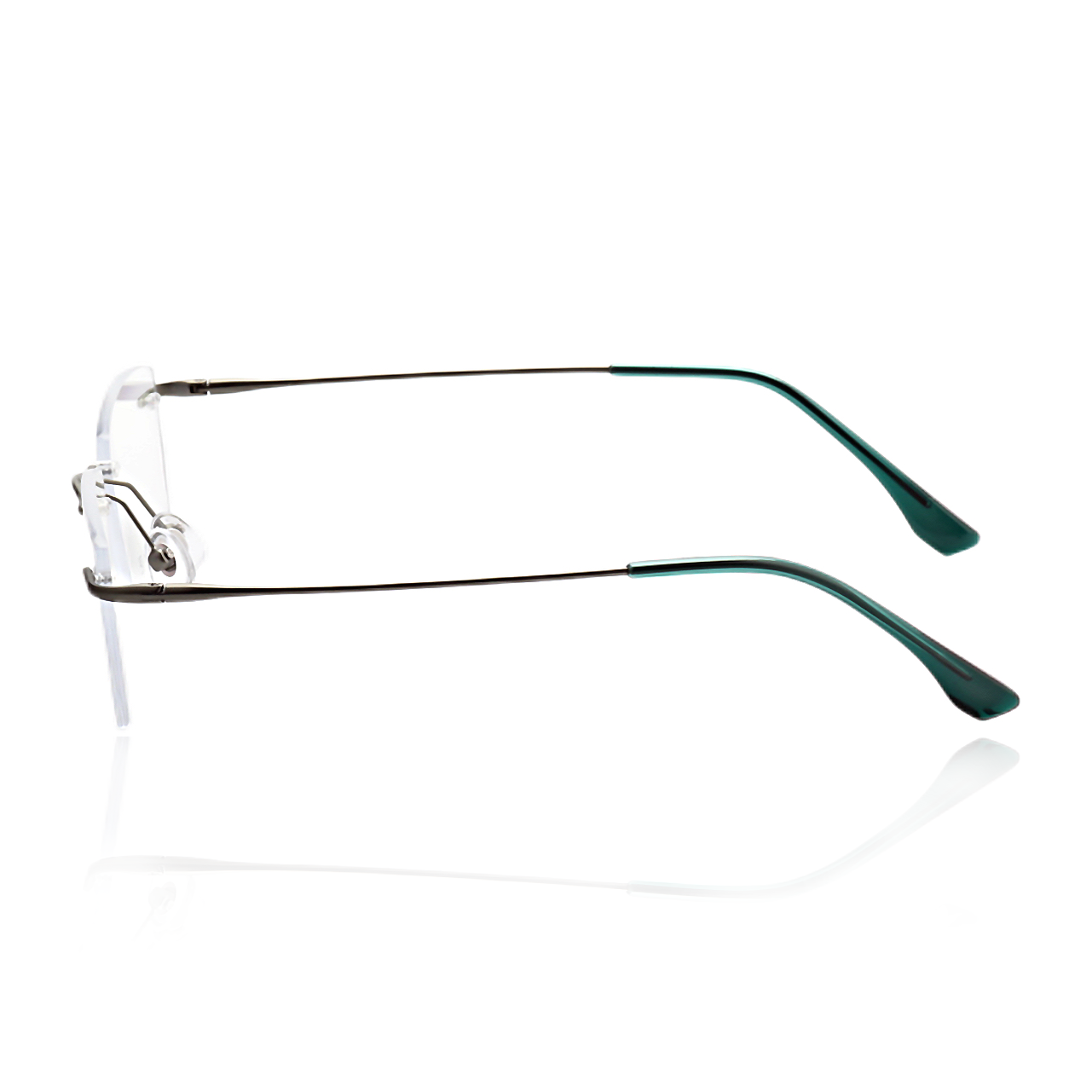 Zero lightweight titanium rimless glasses side profile with green temple tips