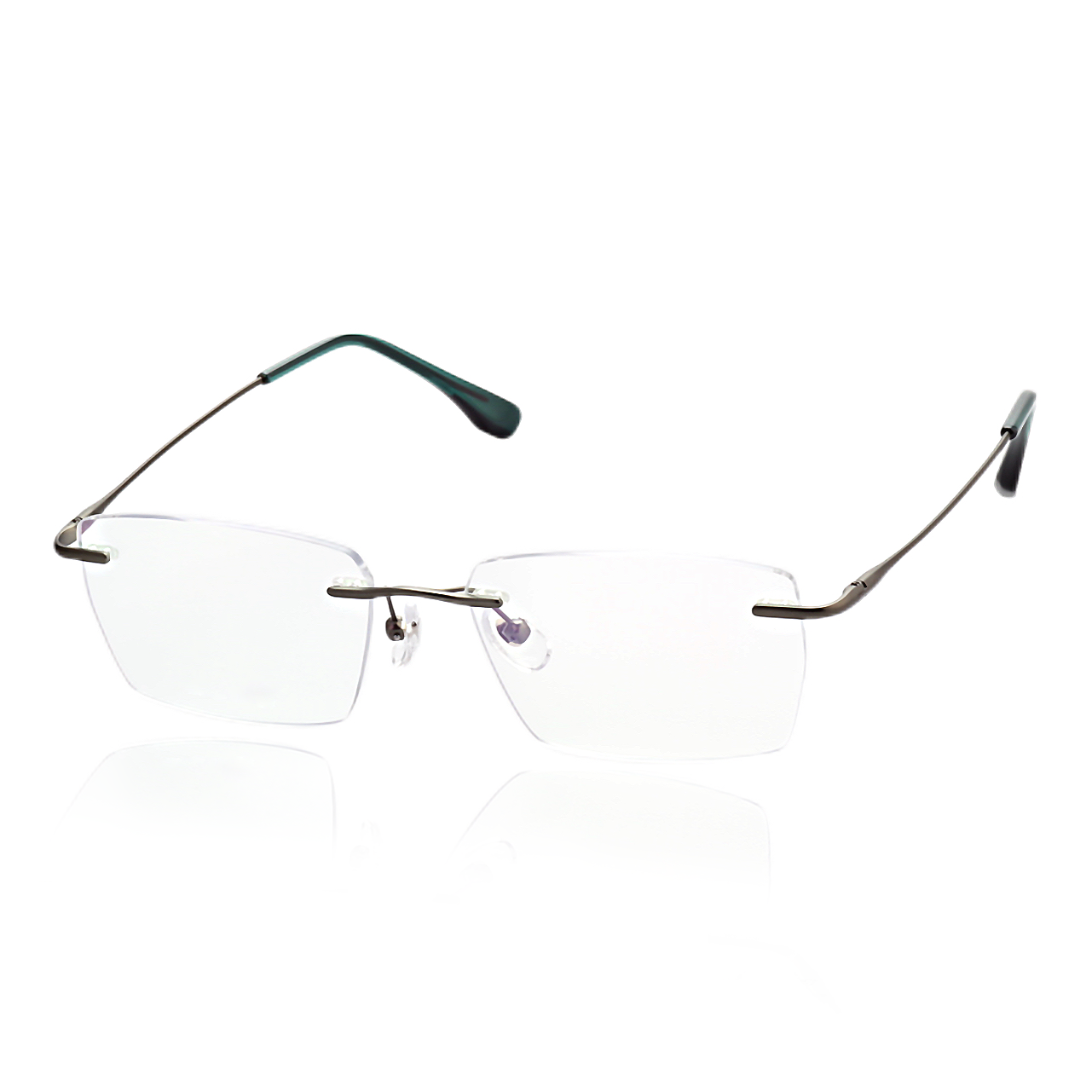 Zero titanium rimless rectangle glasses angled front view with clear lenses