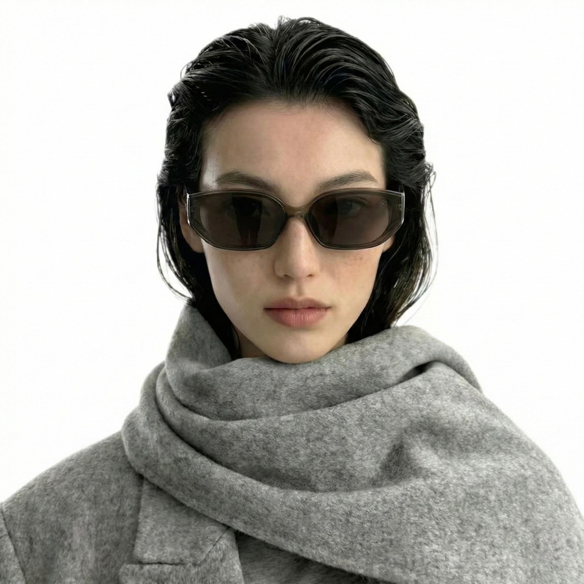 Wave geometric cat-eye TR90 sunglasses worn by model