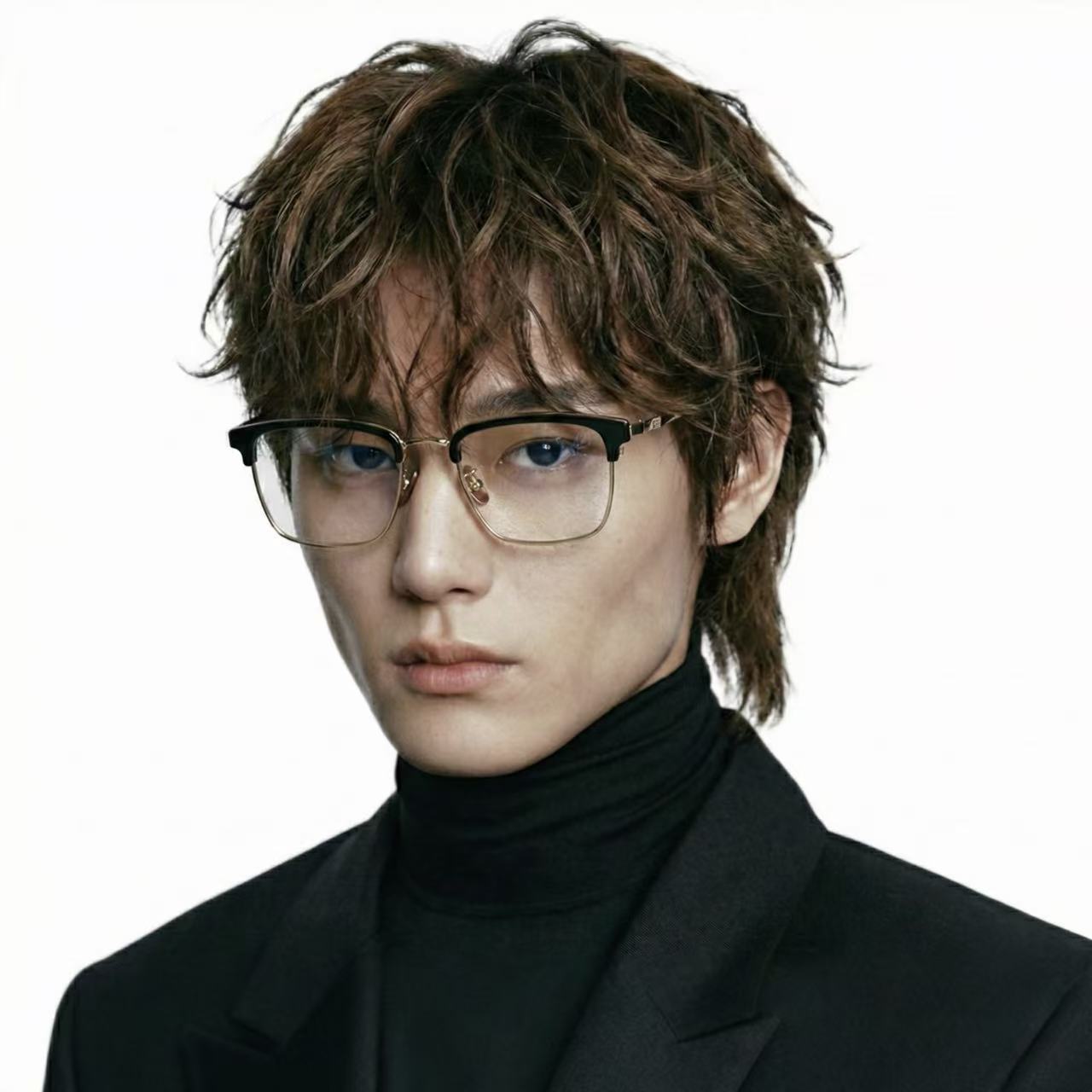 Logic titanium browline glasses worn by model