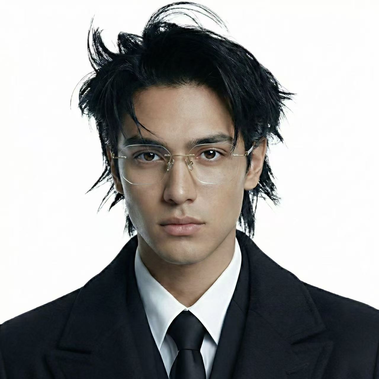 Clear gold titanium rimless rectangle glasses worn by model