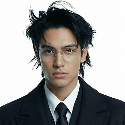 Clear gold titanium rimless rectangle glasses worn by model